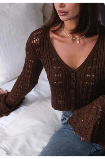 Hollow Out Knit V Neck Long Sleeve Cardigan