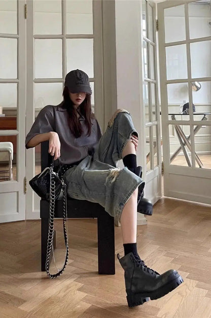 Loose Ripped Capri Wide Leg Jeans