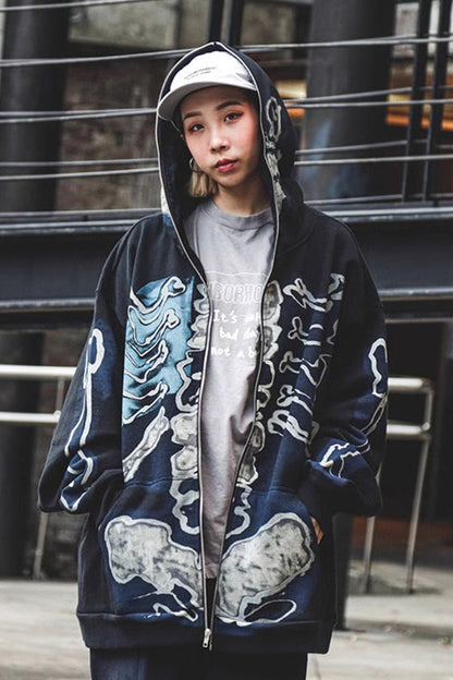 Skull Print Zip Up Hoodie