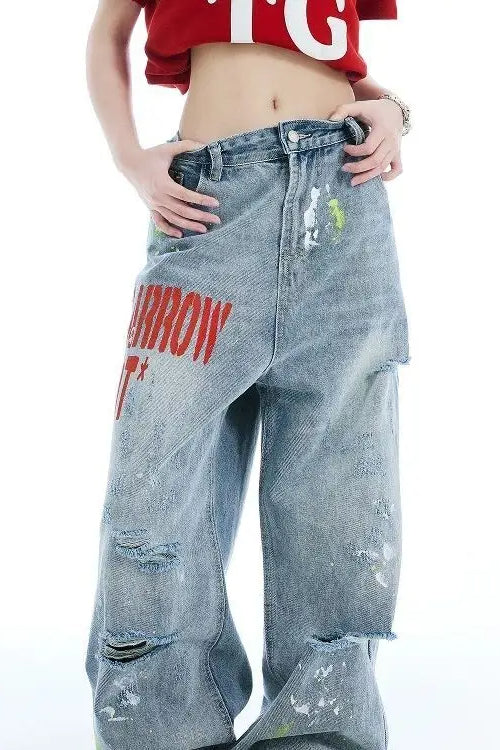 Washed Embroidered Loose Jeans