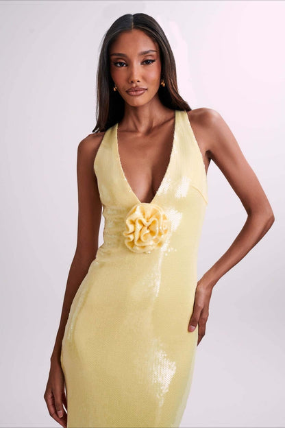 Backless Floral Sequin Maxi Dress