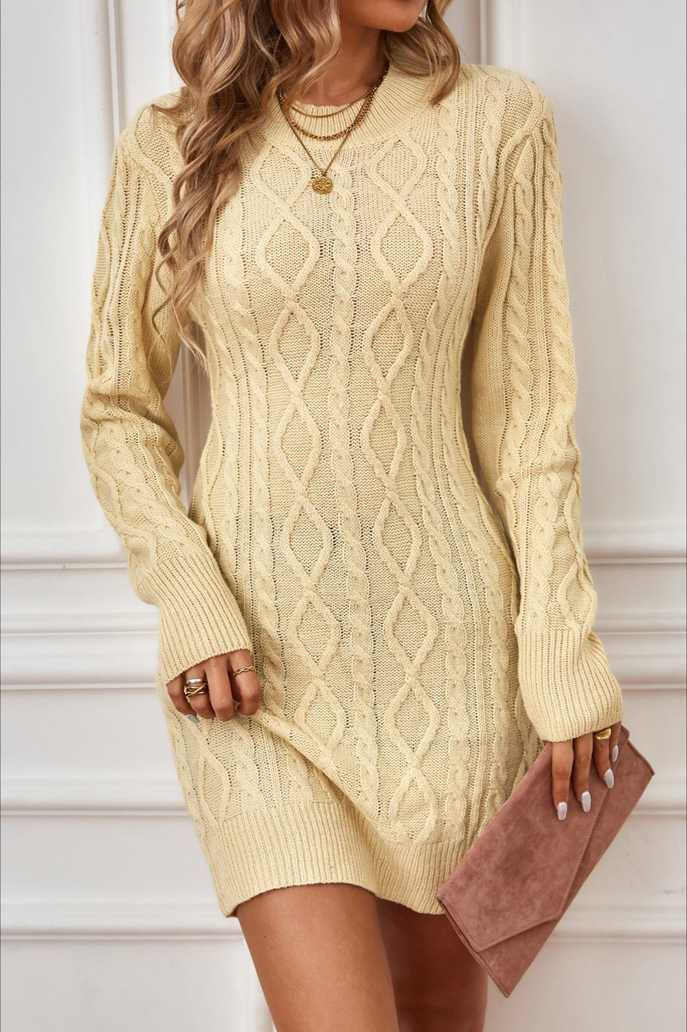 Long Sleeve Cable Knit Backless Sweater Dress