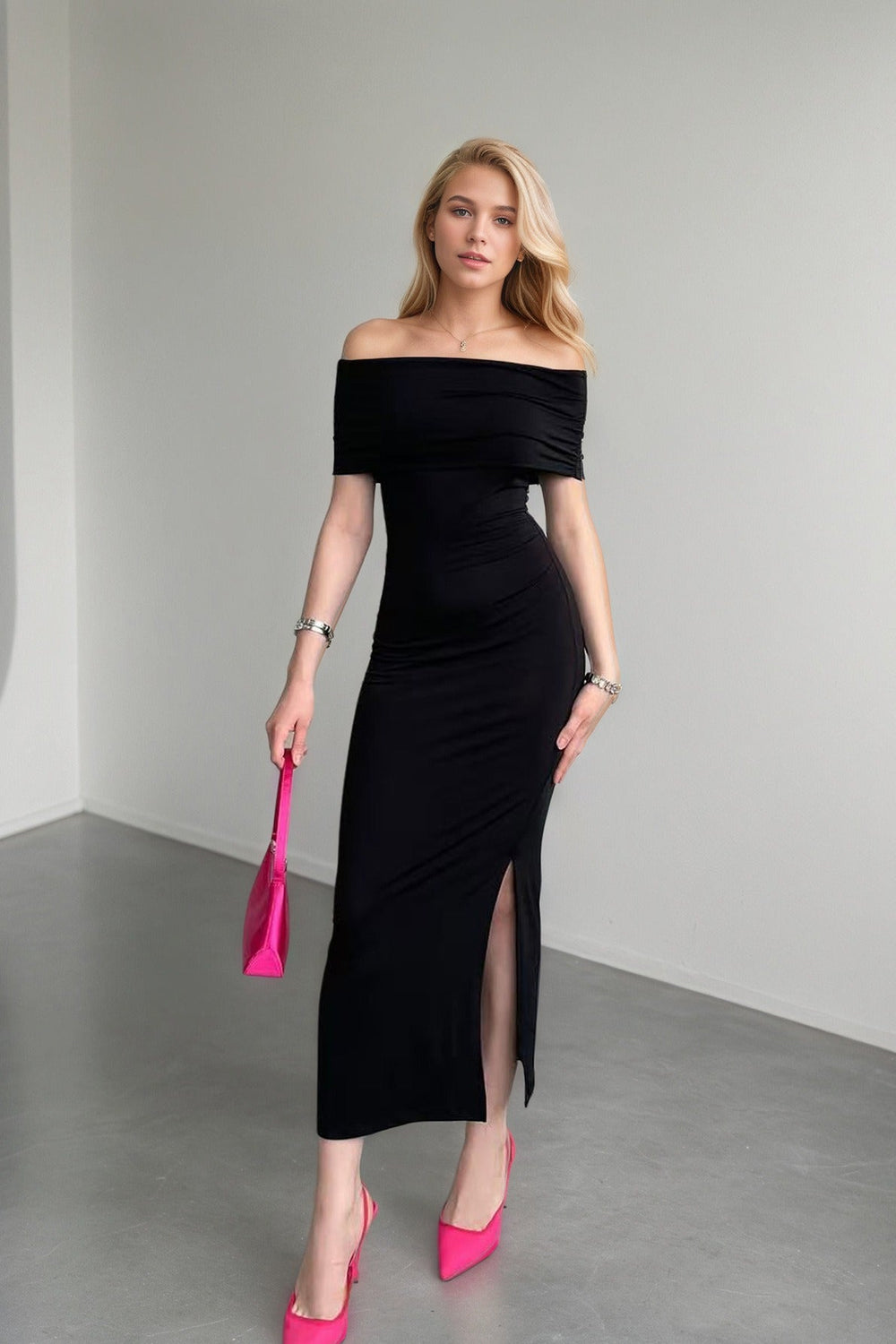 High Waist Off Shoulder Slit Formal Dress S / Black