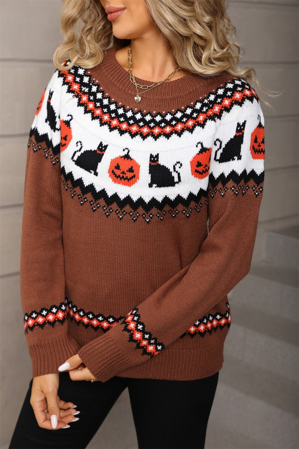 Graphic Pumpkin Halloween Sweater Brown / S