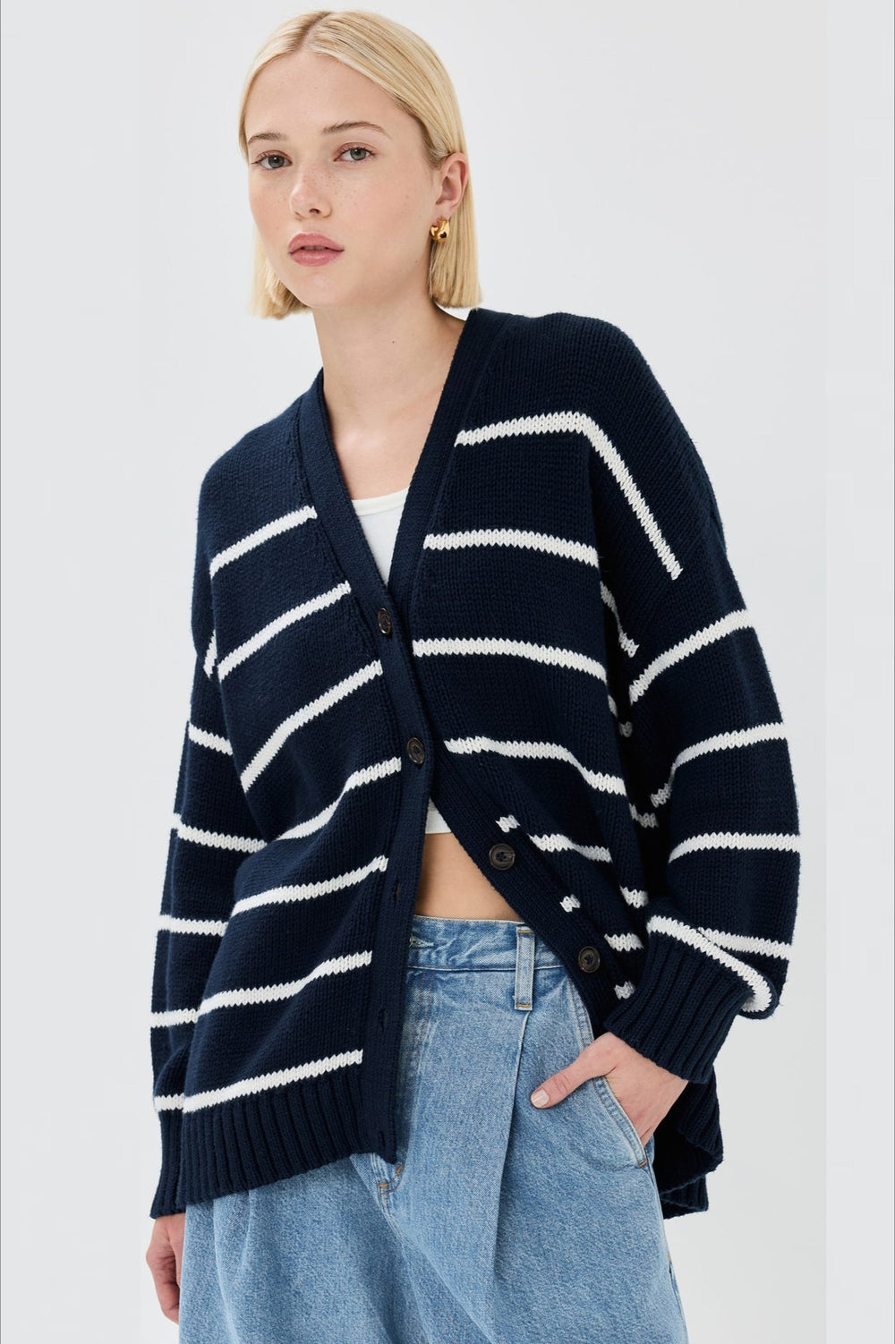 V Neck Striped Cotton Sweater S / Black