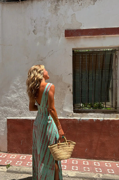 Print Slim Sleeveless V-Neck Hollow Out Maxi Dress