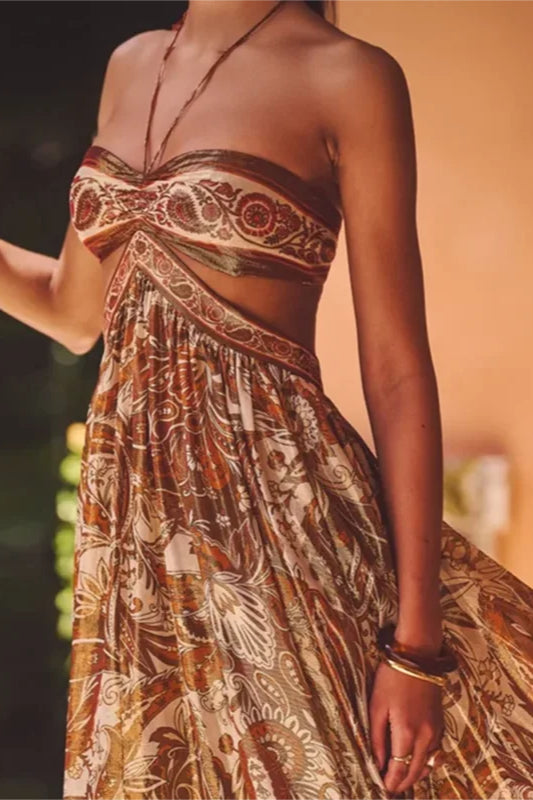 Strapless Lace Up Pleated Boho Dress Brown / S