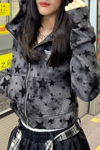 Street Style Star Print Zip-Up Hoodie