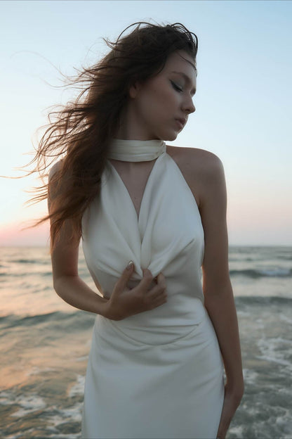 Satin V-Neck Halter Backless Maxi Party Dress