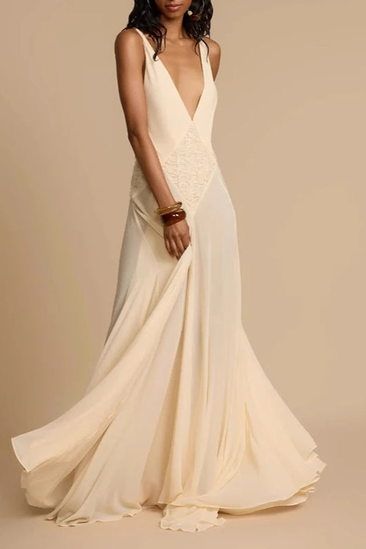 Deep V Neck Lace Patchwork Boho Dress