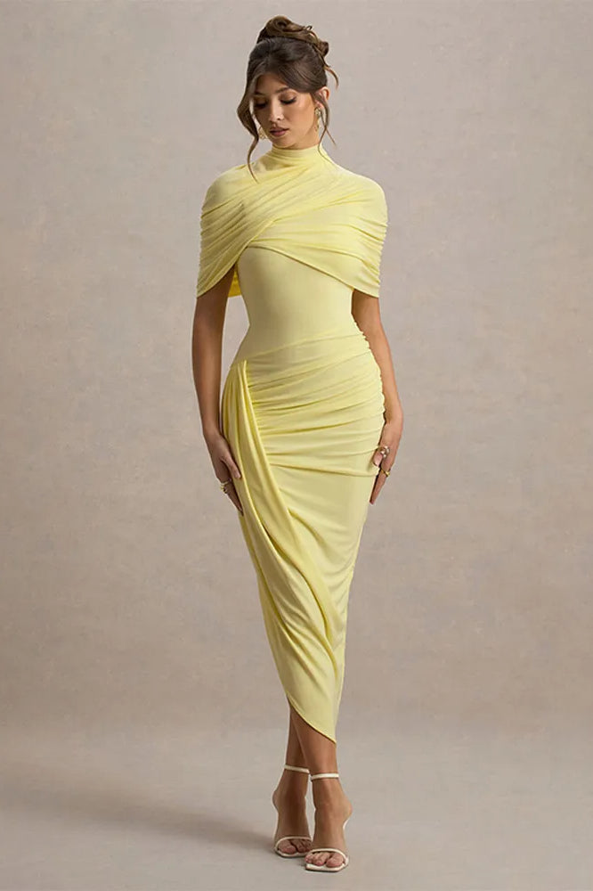 Solid High Neck Pleated Slim Waist Maxi Dress