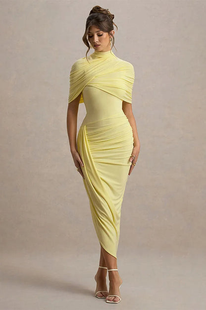 Solid High Neck Pleated Slim Waist Maxi Dress