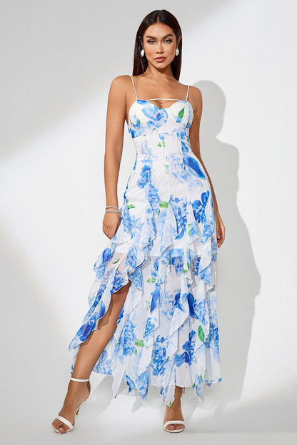 Slit Ruffled Floral Print Party Dress S / Blue