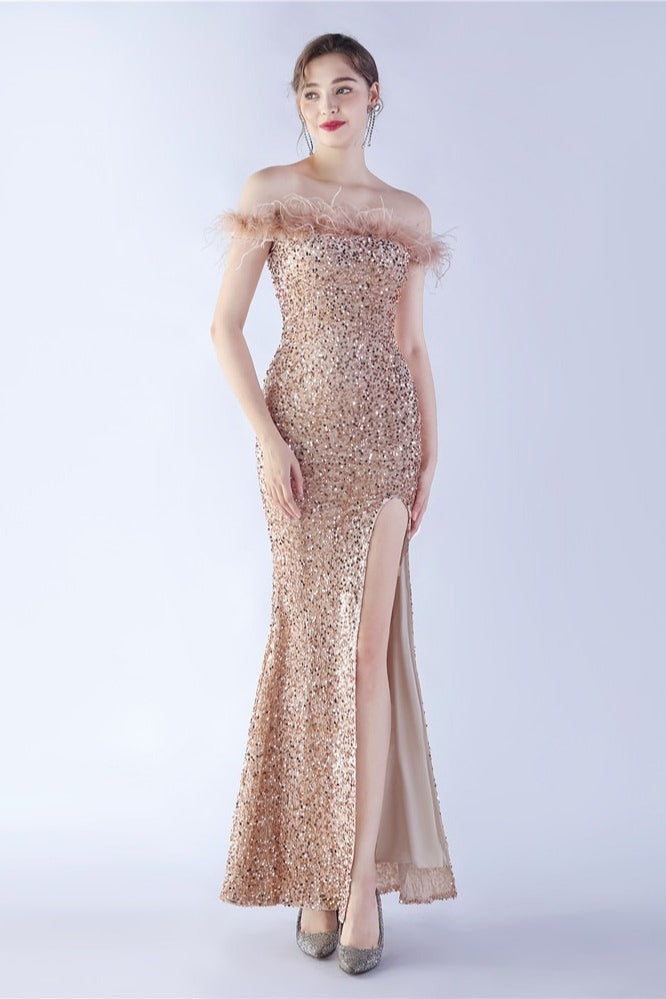 Velvet Sequin Ostrich Feather Off Shoulder Formal Dress