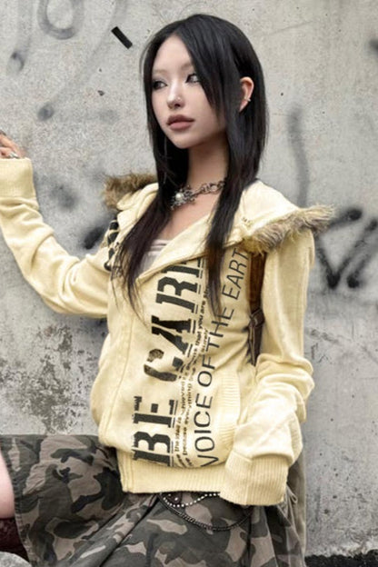 Letter Print Fur Detail Hoodie