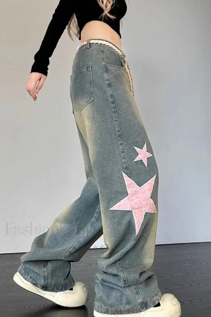 Wide Leg Patchwork Heart Jeans