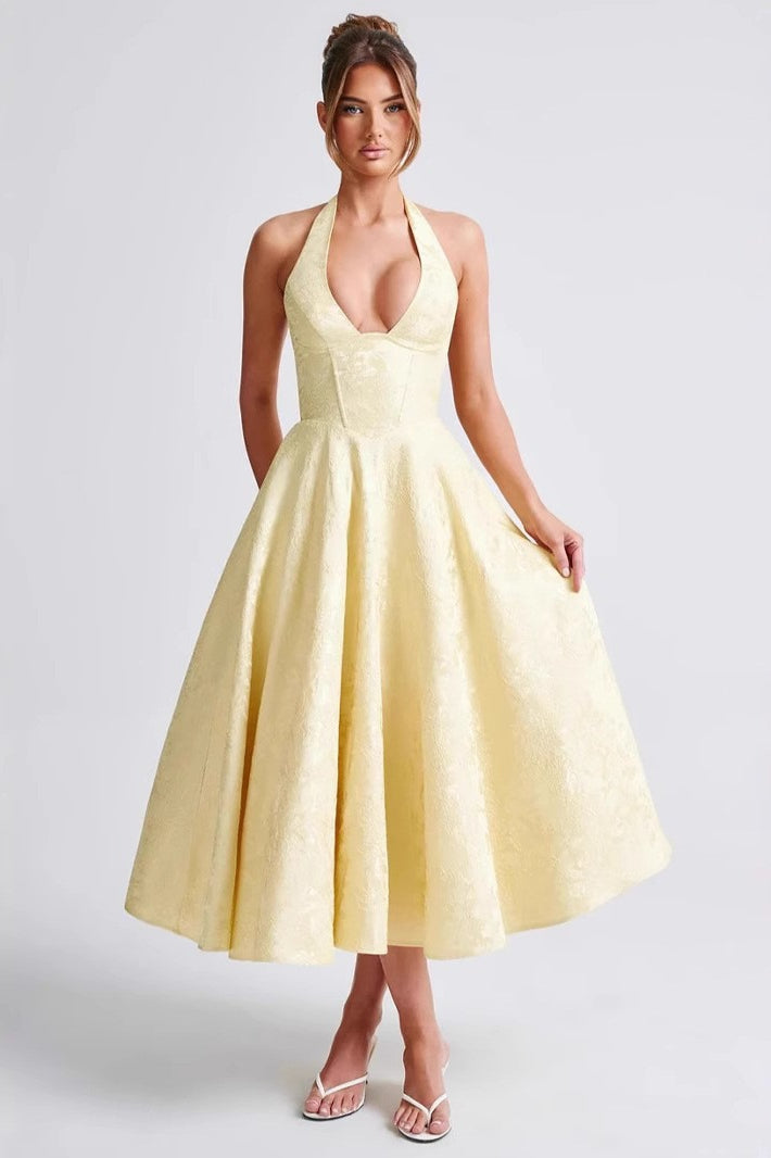 Jacquard Halter V-Neck Party Dress