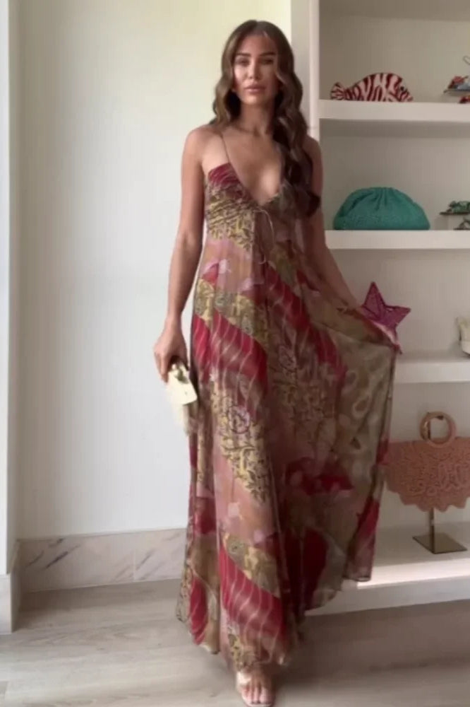 Fashion Print V Neck Maxi Dress