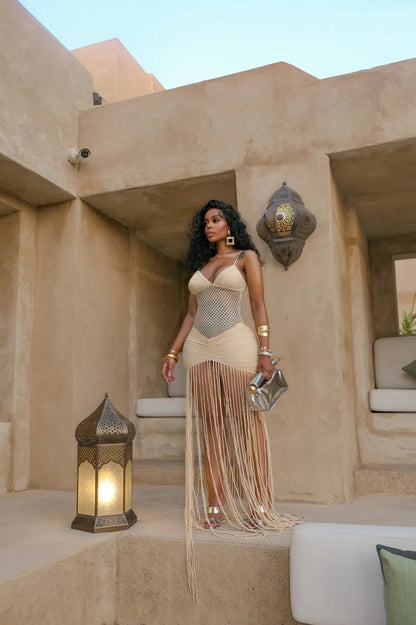 Hollow Out Mesh Wrap Midi Dress