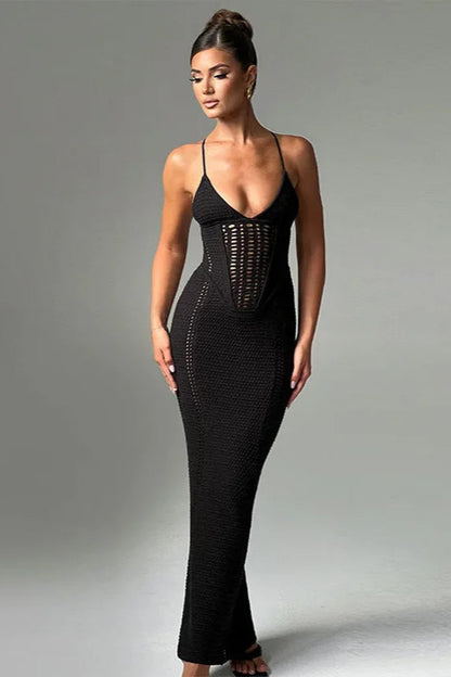 Knitted Hollow Out Sleeveless Bodycon Maxi Dress