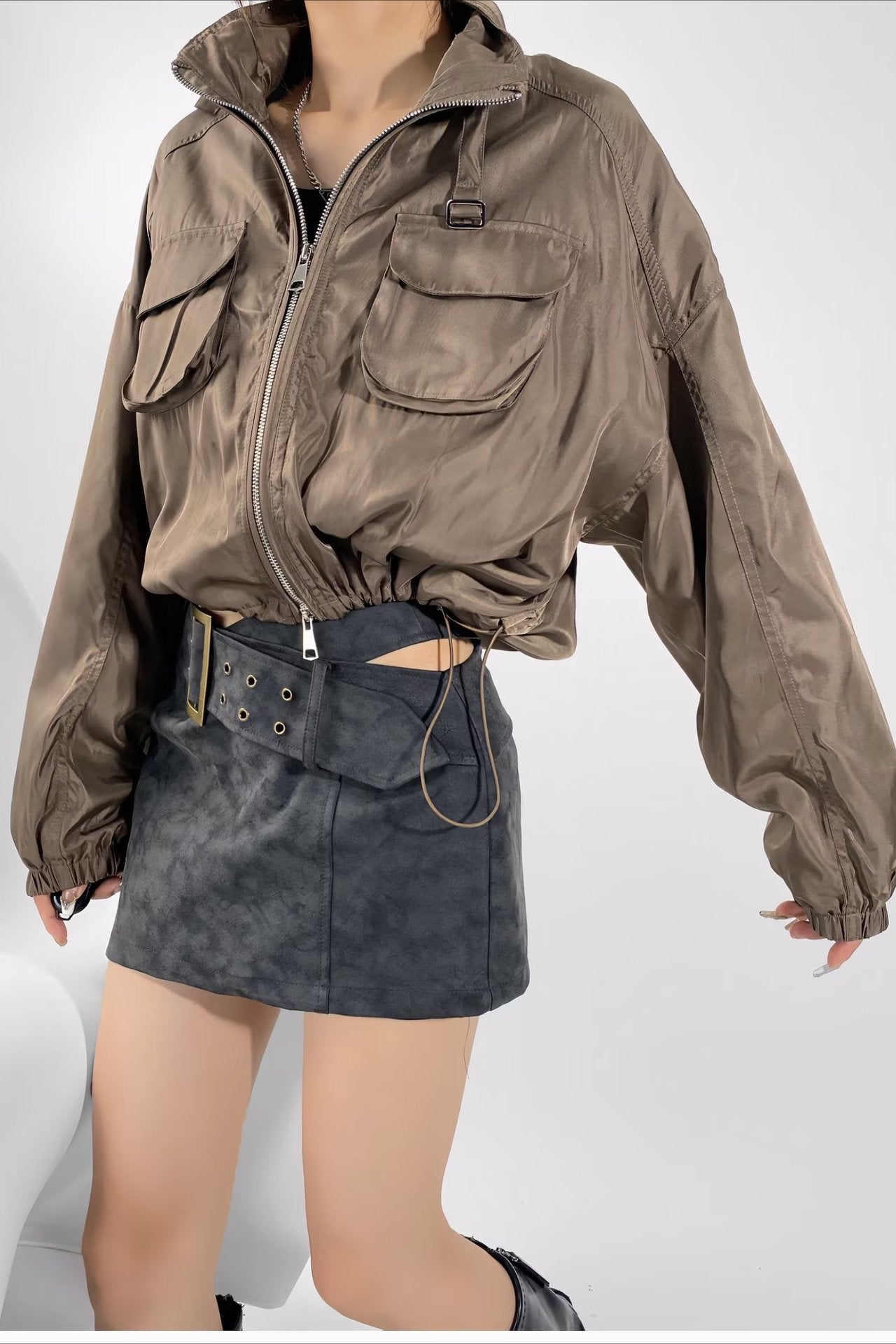 Cropped Cargo High Neck Coat coats