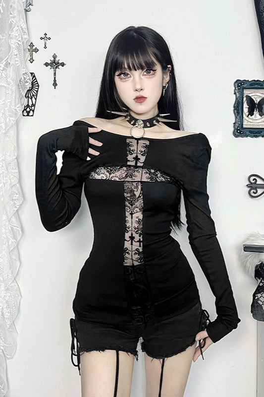 Contrast Stitch Cross Long Sleeve T-Shirt