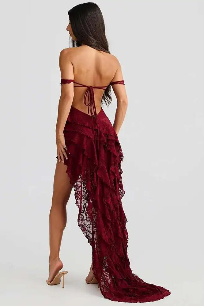 Lace Ruffle Off Shoulder Midi Dress