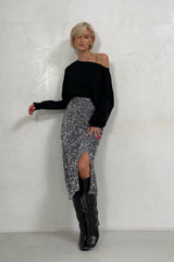 Sequin High Waist Slit Bodycon Midi Skirt