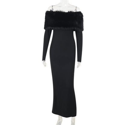Onyx Fur Midi Dress - Black