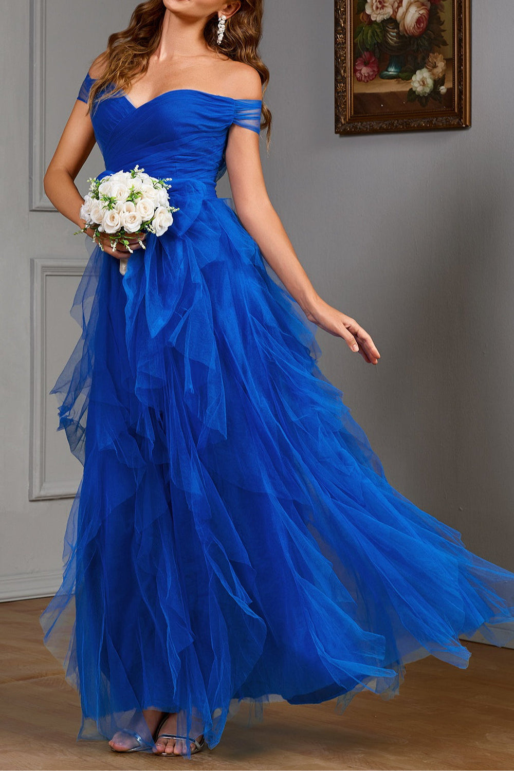 Solid Off Shoulder Tulle Gown Formal Dress