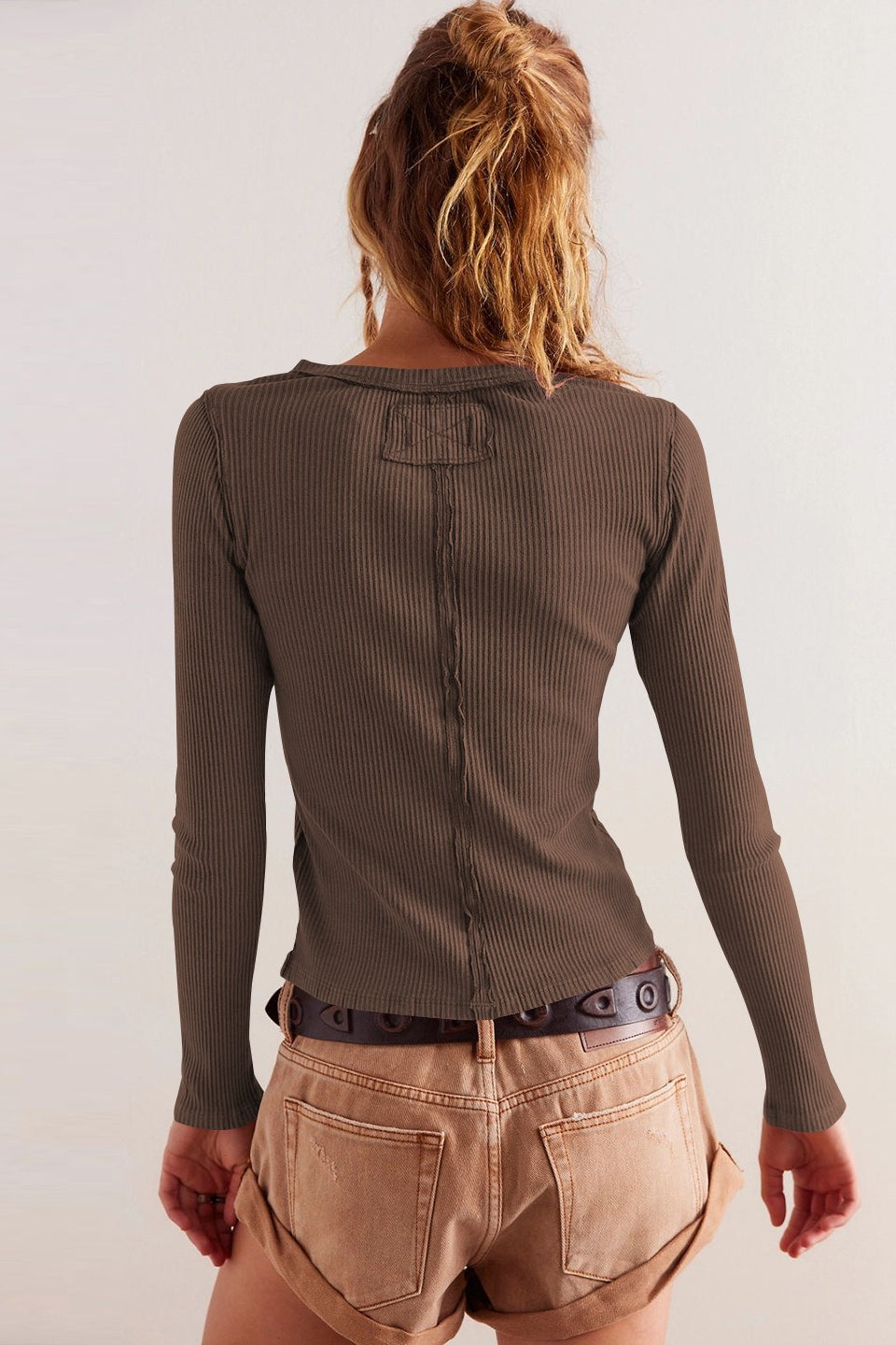Solid Color Ribbed Cardigan S / Brown