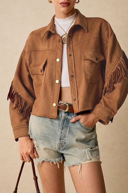 Fringe Trim Drop Shoulder Casual Jacket