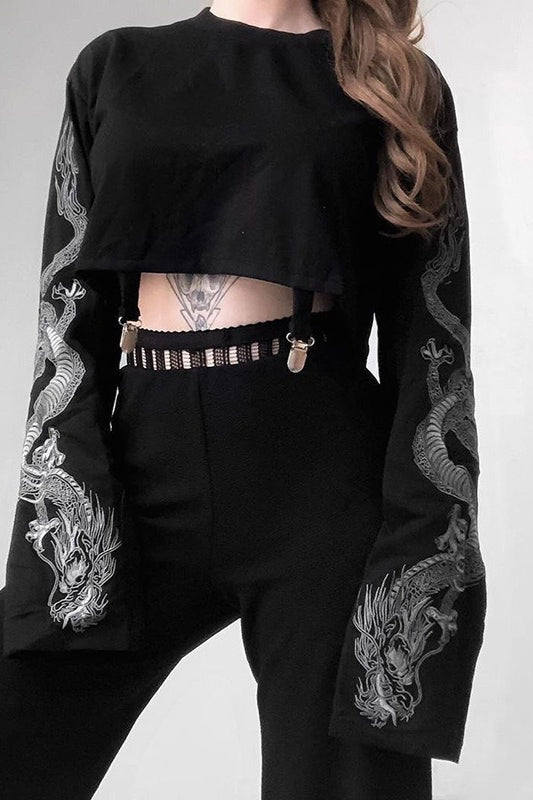 Gothic Dragon Print Cropped Hoodie