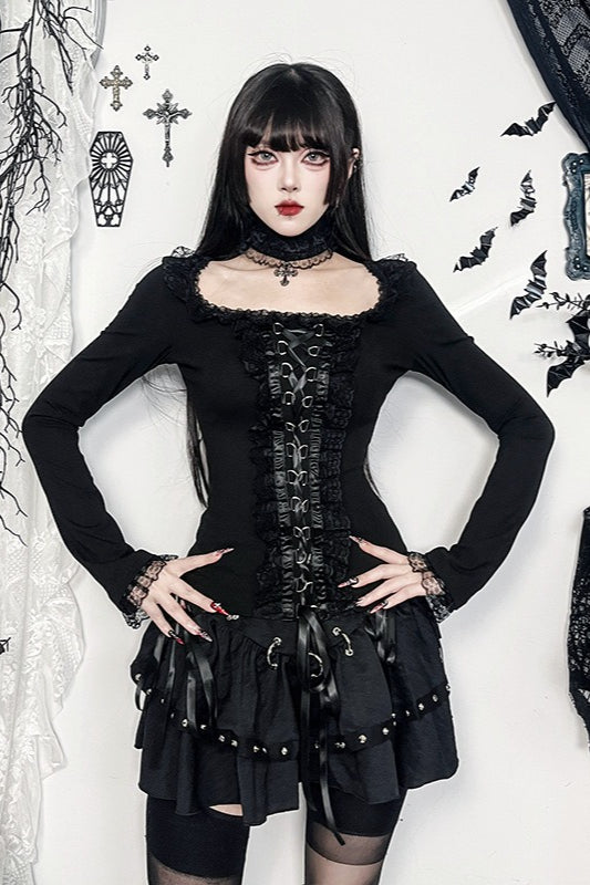 Lace Trim Buckle Gothic T-Shirt