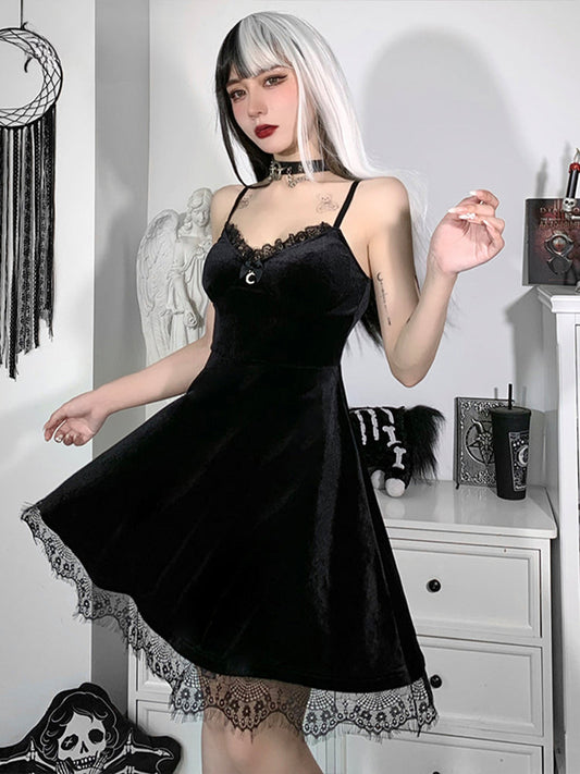 Velvet Moon Pendant Backless Spaghetti Lace A-Line Sleeveless Strap Waist-in Corset Trim Colorful Frock