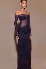 Off Shoulder Rhinestone Maxi Dress