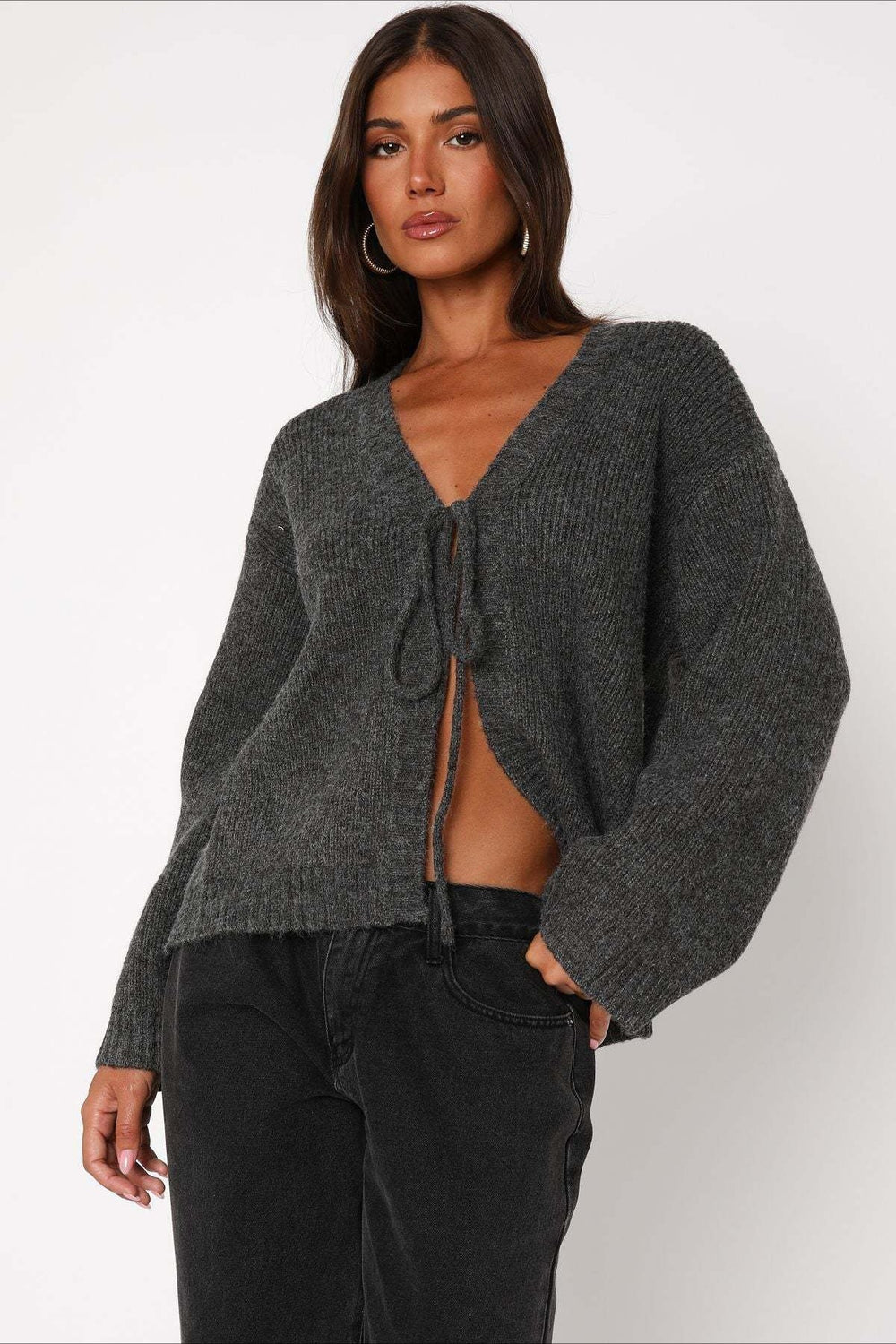 V Neck Tie Front Knit Cardigan Sweater Grey / S