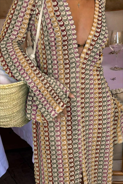 Crochet Colorful Stripe V-Neck Flare Sleeve Maxi Dress