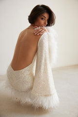 Long Sleeve Feather Sequin Mini Dress