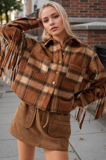 Plaid Fringe Wool Crop Coat Brown / S