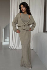 Tie Front Knit Set Sweater Dress S / Khaki