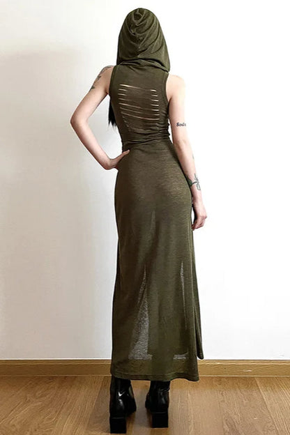 Hooded Hollow Out Midi Dress