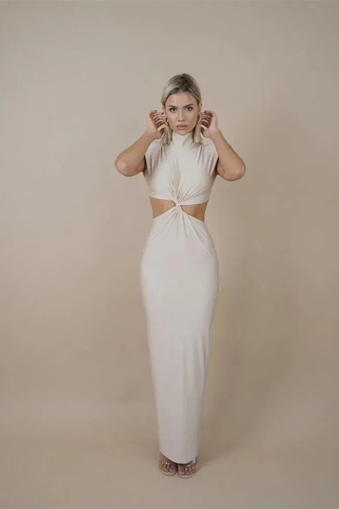 Hollow Out Turtleneck Sleeveless Bodycon Maxi Dress