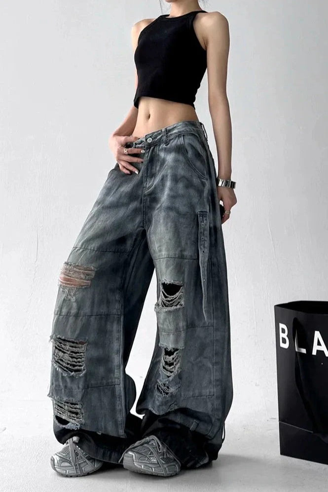 Tie Dye Ripped Wide Leg Jeans