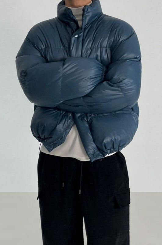 Classic Collar Cropped Solid Puffer Jacket M / Navy blue