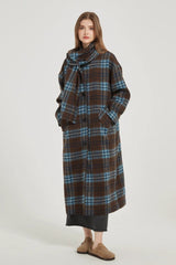 Plaid Wool Scarf Attached Relaxed Overcoat