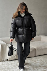 Adjustable Drawstring Hooded Puffer Jacket S / Black