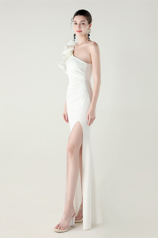 Ruffled Floral One Shoulder Satin Party Dress