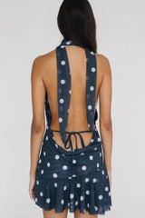 Polka Dot Halter Backless Mesh Mini Dress