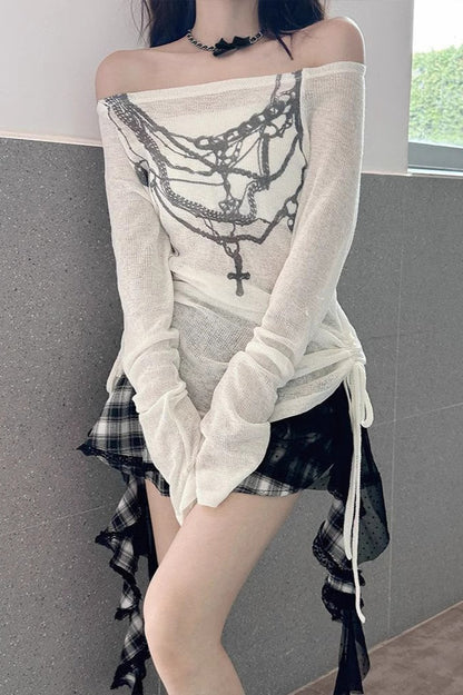 Y2K Off-Shoulder Mesh T-Shirt